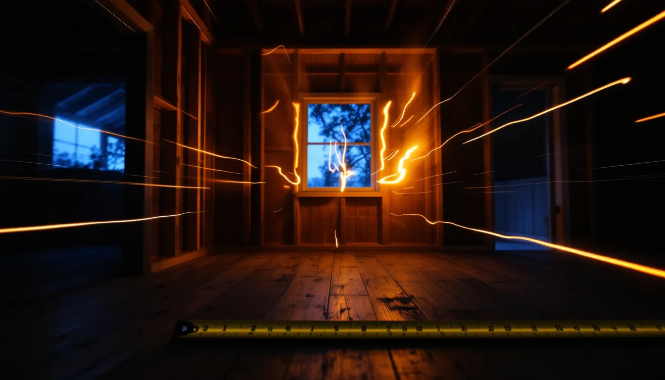 Framed room at night crossed by amber light trails and a yellow tape blade