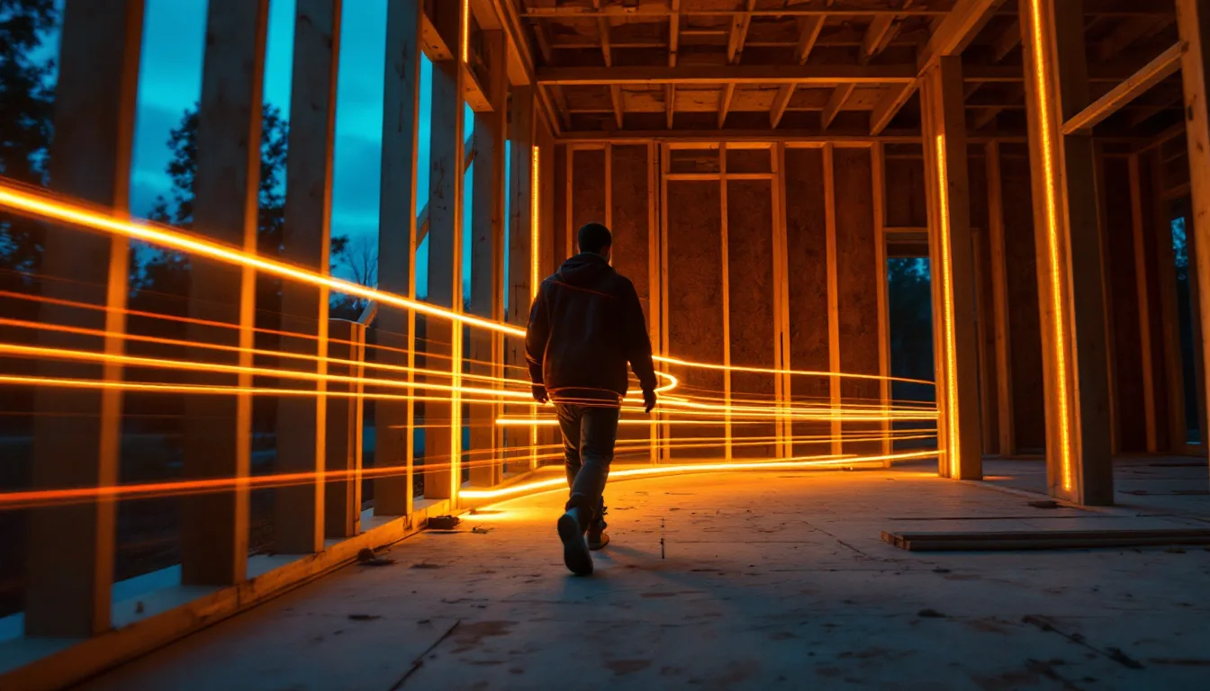 Long-exposure photo of a figure measuring a framed room, leaving amber light trails across the studs